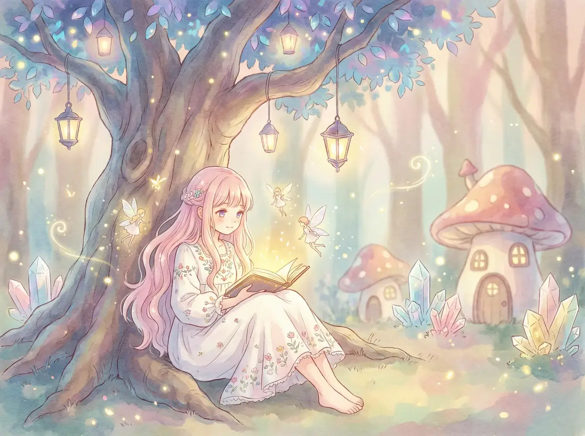 风见步 - 魔法森林中阅读故事书的粉发少女与精灵